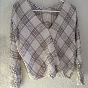 Vince Beige and Gray Plaid V-Neck Blouse